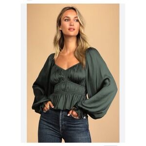 Lulus Dark Green Satin Sophisticated Ruched Long Sleeve Blouse Size S